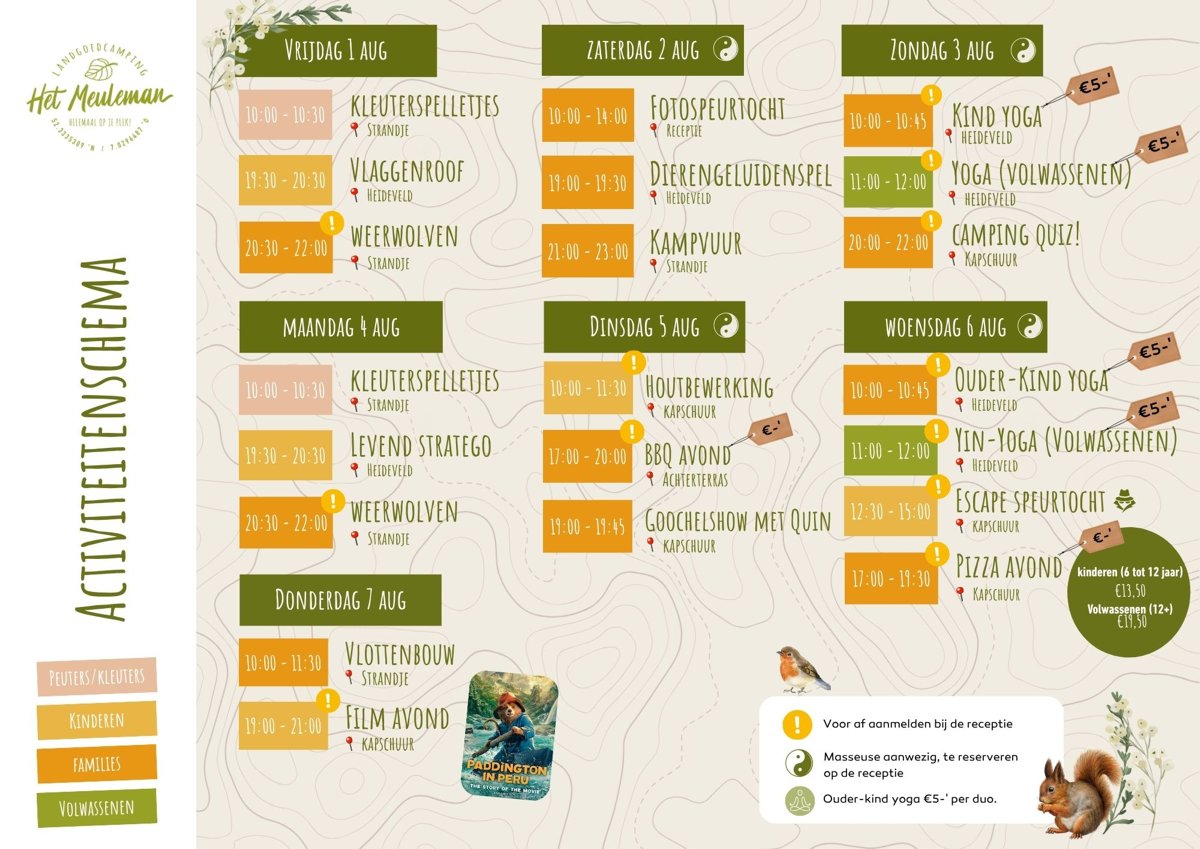 Activiteiten 1 t/m 7 augustus